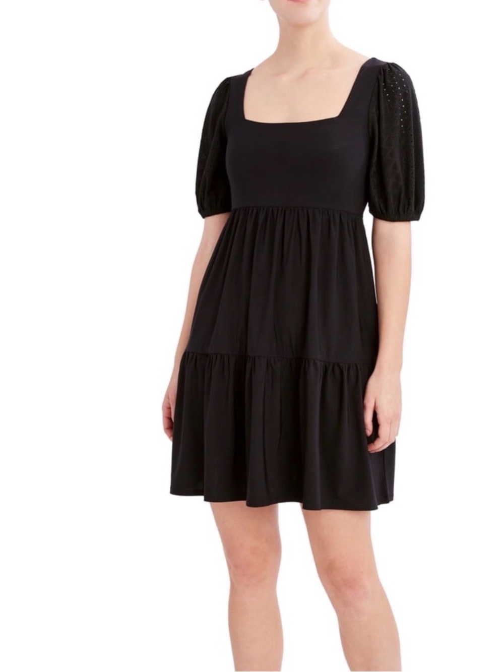 BCBG Paris Black Square-Neck Puff Eyelet Sleeve Tiered Mini Party Dress